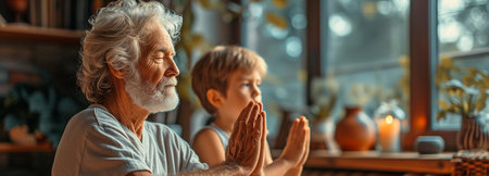 Granddad and his grandson practicing yoga at home.の素材