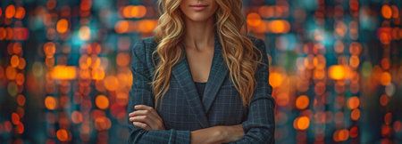 A business-dressed woman stands with her arms folded across her chest while computerised financial themes and stock quotes appear in the backdrop.の素材