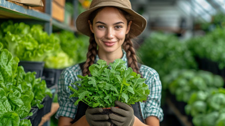 In a greenhouse, a woman gardening holds a container with a green rocket plant.の素材
