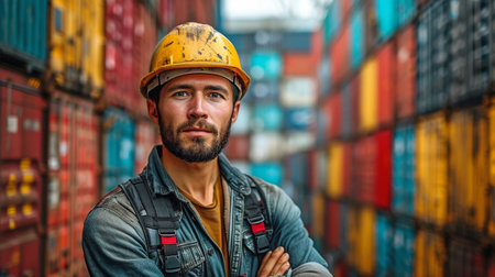 Man operator forklift driver loading container freight at a shipping yard logistics worker Asian nationの素材