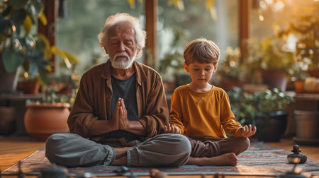 Granddad and his grandson practicing yoga at home.の素材