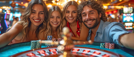 Stunning Multiethnic Individuals Taking Chances and Betting on a Roulette Wheel in a Casinoの素材