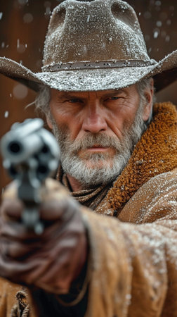 A grimy rancher with a menacing expression clutching a revolver pistolの素材