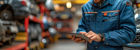 Auto mechanics are assessing the vehicle's condition monthly. The technician checks with the tablet.の素材