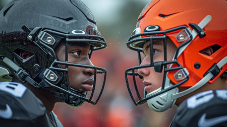 American football players set to begin a play in the championship game while staring into each other's eyesの素材