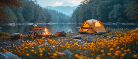 Lovely and serene camping in the highlands with flowers on the table and a campfireの素材