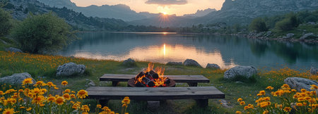 Lovely and serene camping in the highlands with flowers on the table and a campfireの素材