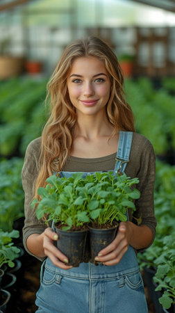 In a greenhouse, a woman gardening holds a container with a green rocket plant.の素材