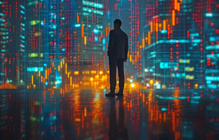 A businessman using contemporary city money and a stock chart backdrop for a foresightful future financial property index investment banking ideaの素材