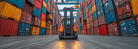 Man operator forklift driver loading container freight at a shipping yard logistics worker Asian nationの素材