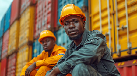 black African worker who was hurt in a leg accident and needed assistance from a medical team in a port cargo container yardの素材