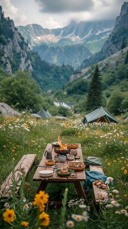 Lovely and serene camping in the highlands with flowers on the table and a campfireの素材