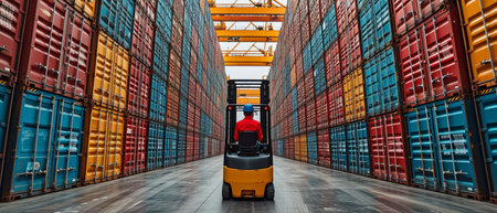Man operator forklift driver loading container freight at a shipping yard logistics worker Asian nationの素材