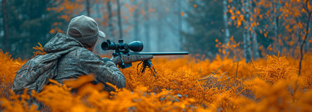 The man is searching. Hunting rifle for hunting.の素材