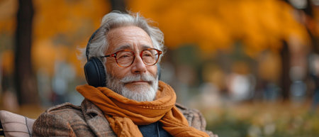 Elegant elderly man relaxing in the city park while wearing headphones and listening to musicの素材