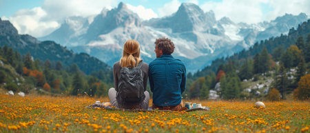 A guy and a lady enjoy a picnic in the mountains together during the summer.の素材