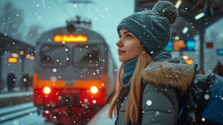 A woman in the winter snow, waiting for a train. Travelling, departing, dressed elegantly in grey and black, with an antique blue luggageの素材