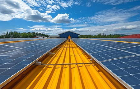 A view of the solar power plant's rooftop with two engineers strolling around and inspecting the photovoltaic panels.の素材