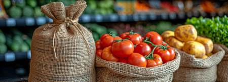 A fresh organic produce and fruit counter in a grocery shop with a money bag in the backdrop. Idea of the price of commodities and food itemsの素材