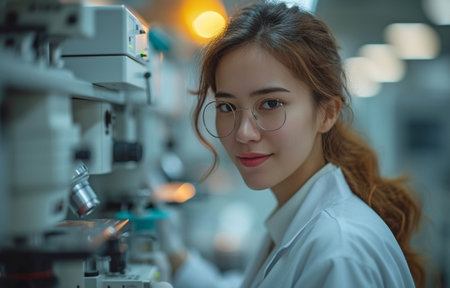 Employees at the scientific medical lab factory examine the record pressure tank while they are thrilled.の素材