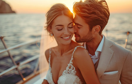 Chic young couple cuddling and sharing a kiss aboard a yacht,の素材