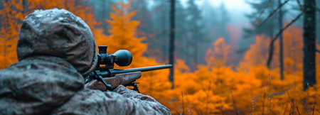 The man is searching. Hunting rifle for hunting.の素材