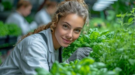 In an experimental farm lab, a team of scientists is collaborating to develop new vegetable plant varieties.の素材