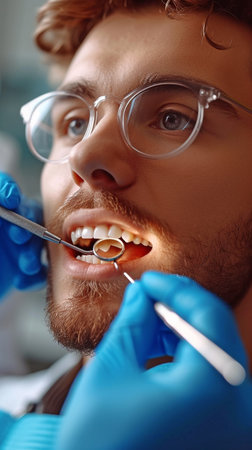 A young man having a dental examination. Using a probe and mirror, the dentist examines the patient's teeth.の素材