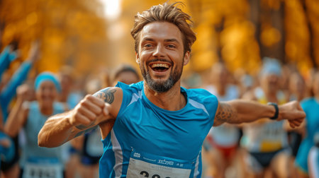 An active young man crosses the finish line during the day at a city marathon. Resilient Runner Who Wins Celebratingの素材