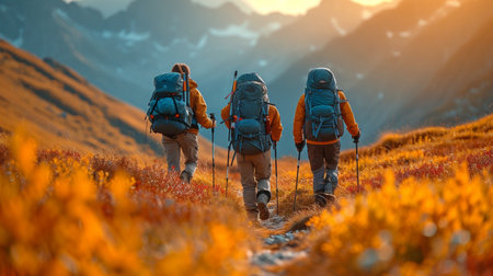A group of hikers strolls down a lovely mountain hill with their bags and trekking poles in tow.の素材