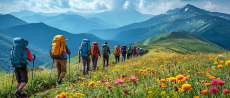 A group of hikers strolls down a lovely mountain hill with their bags and trekking poles in tow.の素材