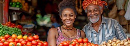 Black Woman Purchasing Eco-Friendly Local Garlic and Bio-Tomatoes from a Contented Older Street Sellerの素材