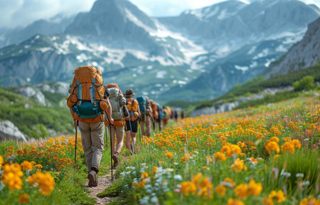A group of hikers strolls down a lovely mountain hill with their bags and trekking poles in tow.の素材