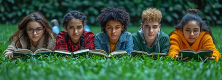 a bunch of students relaxing on the grass while reading a textbookの素材