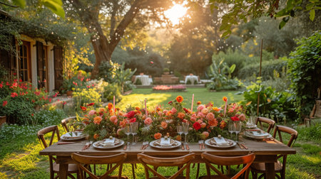 Wedding outdoor seating arrangement in a garden with floral arrangementsの素材