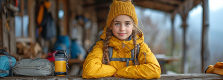 During the hike, a young girl consumes food from a pouch while seated at the table.の素材