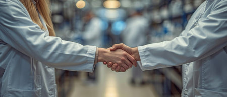 Scientists in microbiology shakin' hands. science and well-beingの素材