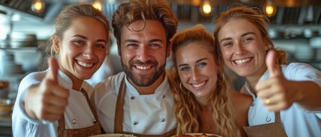 Employees at the restaurant forming a group and giving each other thumbs upの素材