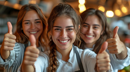 Employees at the restaurant forming a group and giving each other thumbs upの素材