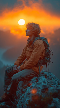 An adult man sitting atop the mountain and admiring the sunsetの素材