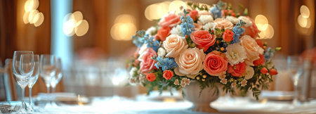 exquisitely set wedding table against the backdrop of the dinner hall, with flowers and decorations in the foregroundの素材