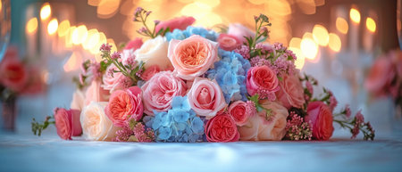 exquisitely set wedding table against the backdrop of the dinner hall, with flowers and decorations in the foregroundの素材