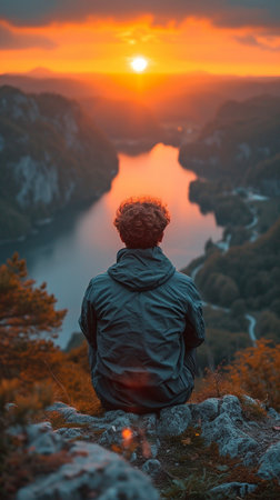 An adult man sitting atop the mountain and admiring the sunsetの素材