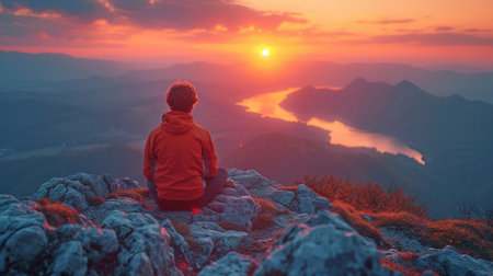 An adult man sitting atop the mountain and admiring the sunsetの素材