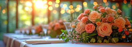 exquisitely set wedding table against the backdrop of the dinner hall, with flowers and decorations in the foregroundの素材