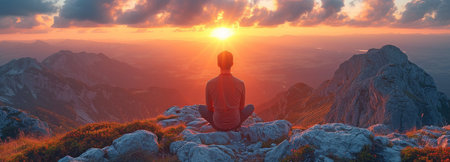 An adult man sitting atop the mountain and admiring the sunsetの素材