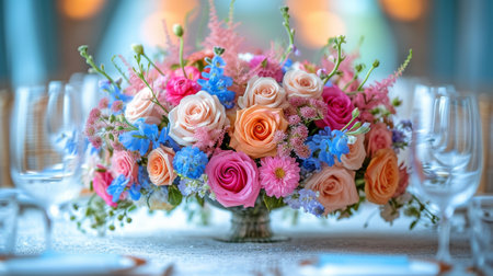 exquisitely set wedding table against the backdrop of the dinner hall, with flowers and decorations in the foregroundの素材