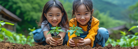 Adorable Asian kids with their mother planting a baby tree in the dark soilの素材