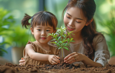 Adorable Asian kids with their mother planting a baby tree in the dark soilの素材