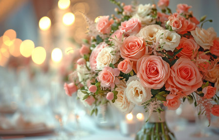 exquisitely set wedding table against the backdrop of the dinner hall, with flowers and decorations in the foregroundの素材